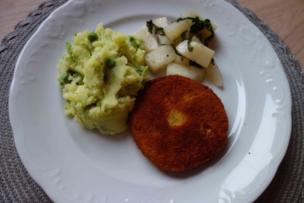 Double Breaded Kohlrabi Schnitzel With Mashed Peas And Potatoes